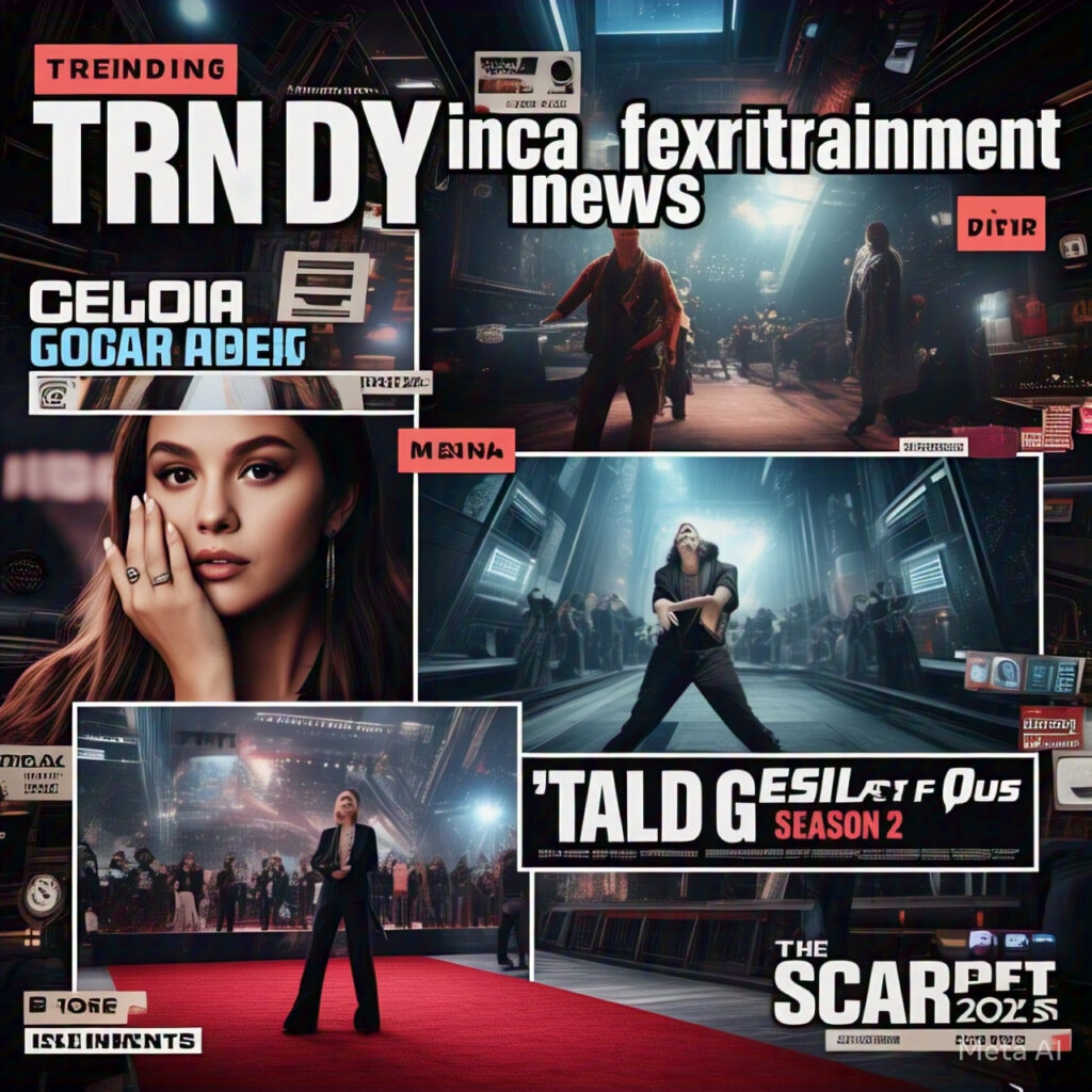 "A dynamic collage featuring Selena Gomez’s engagement, Disney’s Snow White controversy, Lady Gaga’s album Mayhem, and HBO’s The Last of Us Season 2 release, with vibrant images of trending celebrities and movie posters."