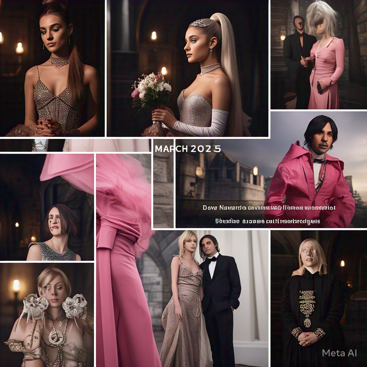 "A vibrant digital collage of March 2025’s top celebrity moments, featuring Ariana Grande at the Oscars in a dazzling gown, Dave Navarro’s gothic wedding, Sabrina Carpenter’s stunning BRIT Awards look, Millie Bobby Brown’s bold blonde bob, and Rihanna & A$AP Rocky’s trendsetting fashion presence."