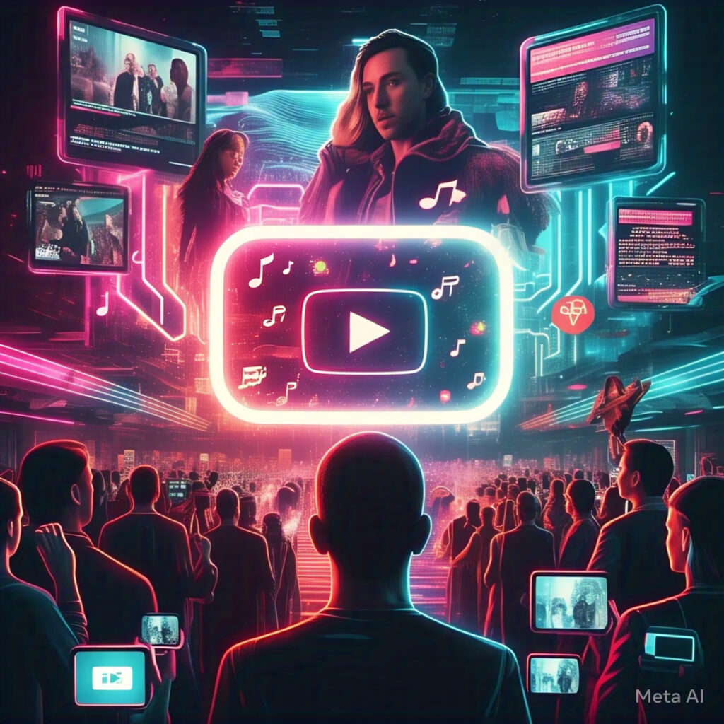 "A futuristic digital collage showcasing YouTube’s impact on celebrity culture in 2025, featuring a glowing YouTube play button, celebrity silhouettes, social media icons, and trending entertainment elements."