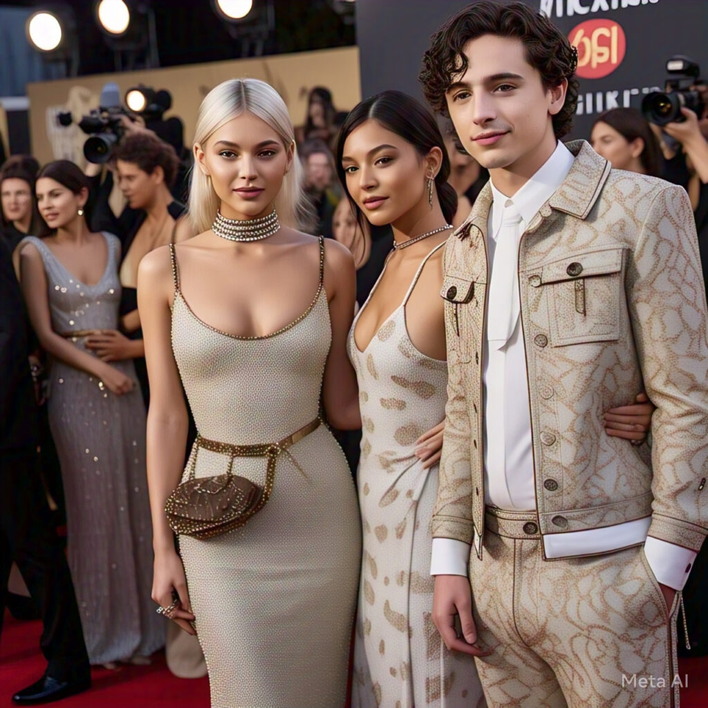 A glamorous Hollywood red carpet event featuring celebrity power couples of 2025, including Timothée Chalamet and Kylie Jenner, Brooklyn and Nicola Peltz Beckham, Chrissy Teigen and John Legend, and Will Smith and Jada Pinkett Smith, posing under flashing lights and surrounded by paparazzi.