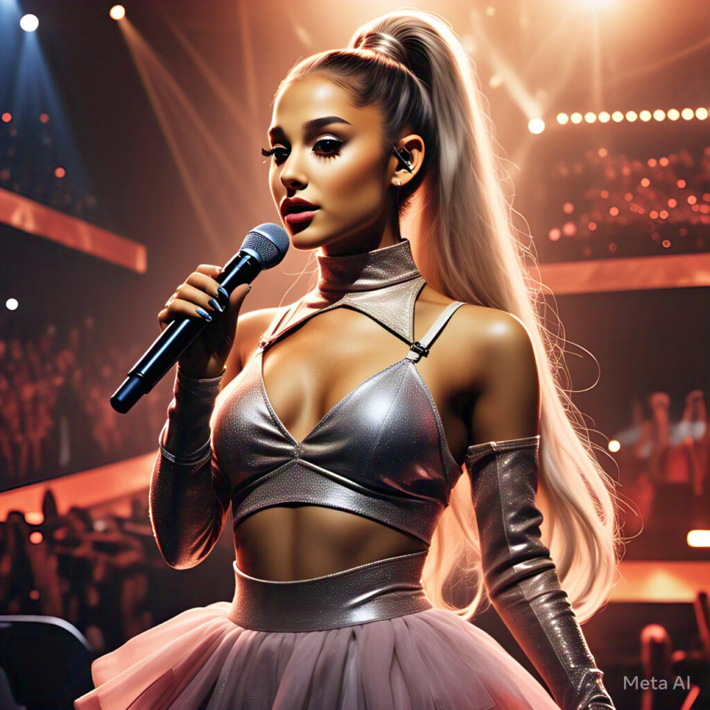 Ariana Grande performing live on stage, dressed in an elegant outfit with her signature high ponytail, singing into a microphone under dazzling concert lights.