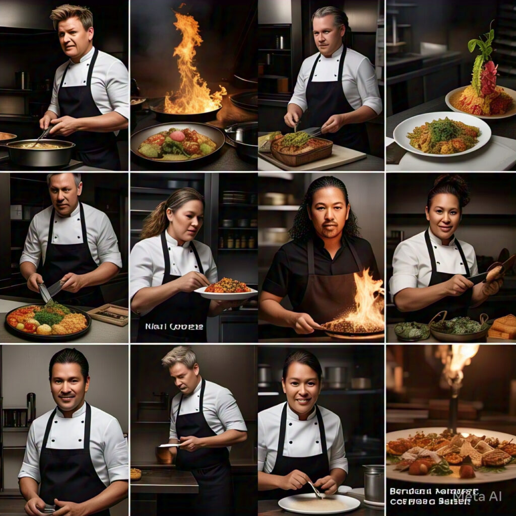 A dynamic collage featuring the top famous chefs in the USA for 2025, each captured in their culinary element—plating gourmet dishes, grilling over open flames, and crafting innovative cuisine in high-energy kitchens.
