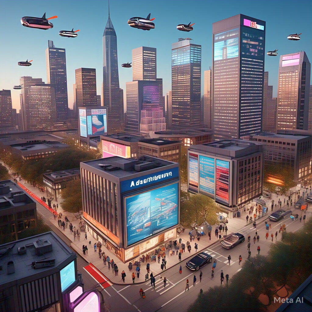 Futuristic cityscape with holographic ads, flying cars, and people using VR devices in a lively urban park.