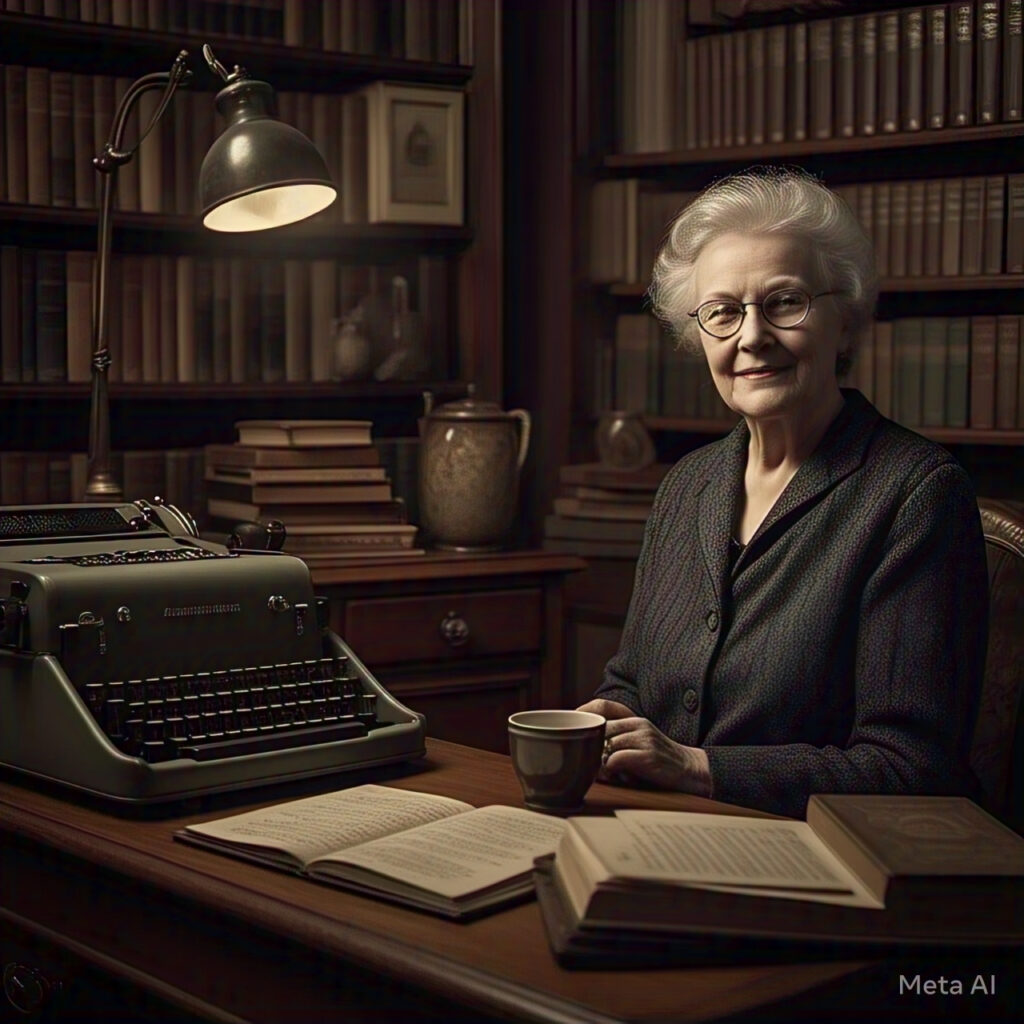 "An elderly Penelope Fitzgerald sitting at a wooden desk, surrounded by books and manuscripts in a cozy study, symbolizing her late-blooming literary success."