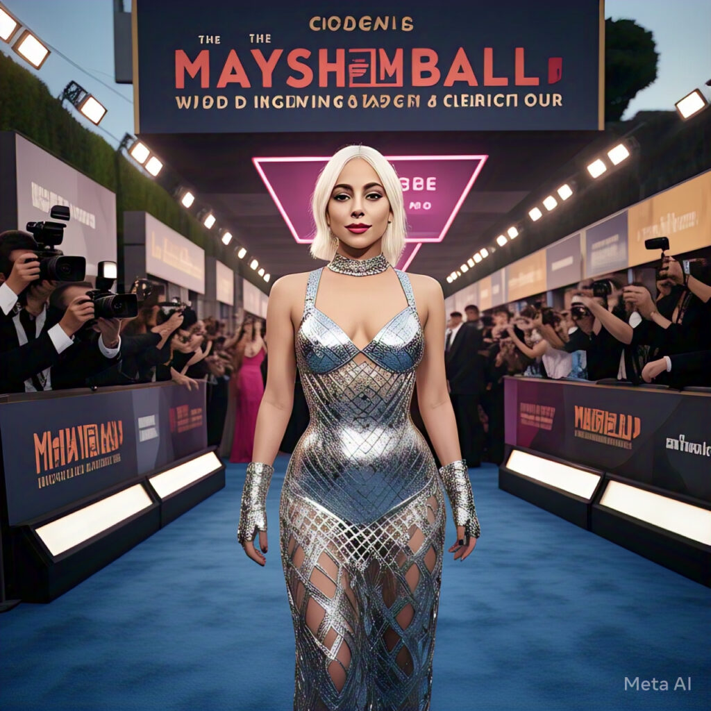 "Lady Gaga at The Mayhem Ball World Tour announcement on the red carpet, wearing a futuristic metallic outfit surrounded by fans and flashing cameras."