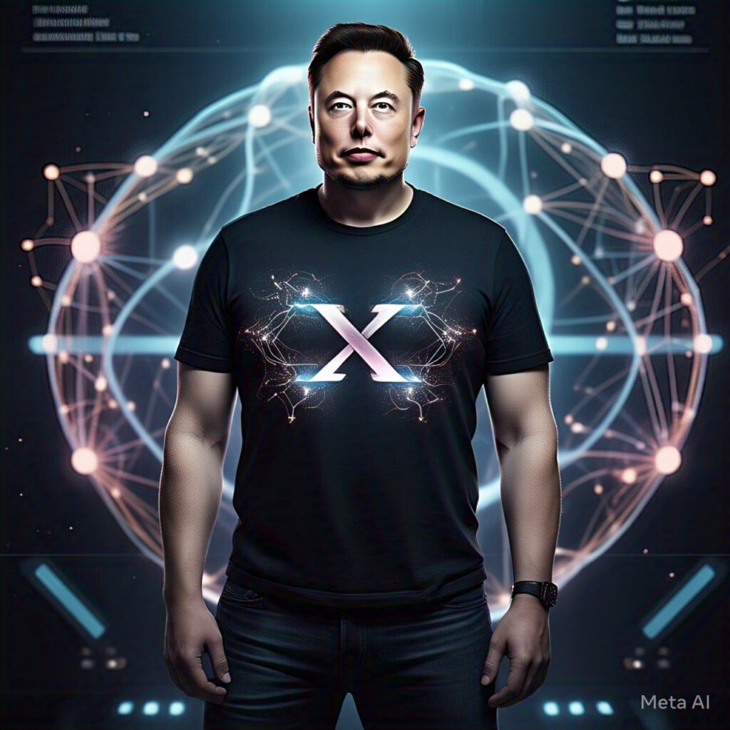 "Elon Musk with a futuristic digital interface representing AI and social media integration."