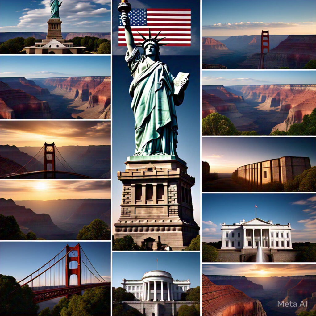 A breathtaking collage of the top five must-visit landmarks in the USA, featuring the Statue of Liberty, Grand Canyon, Mount Rushmore, Golden Gate Bridge, and the White House, showcasing America’s rich history and stunning landscapes.