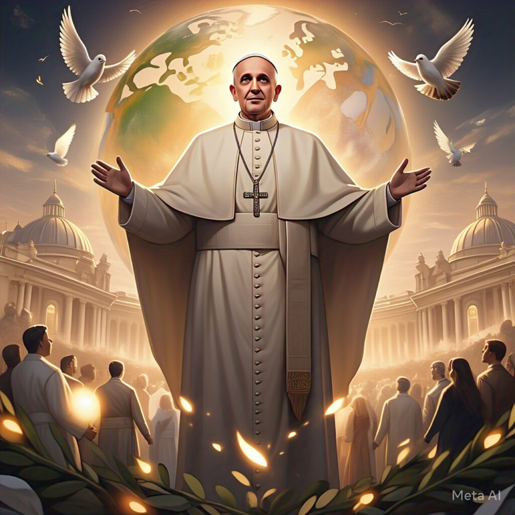 Inclusive illustration of Pope Francis surrounded by symbols of peace, equality, and Earth stewardship