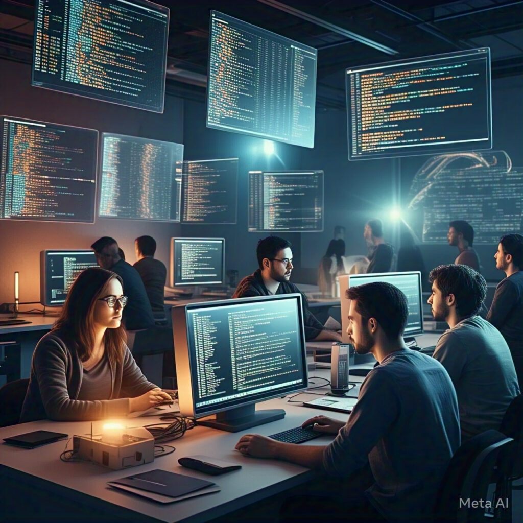AI coding assistants helping developers in a futuristic workspace