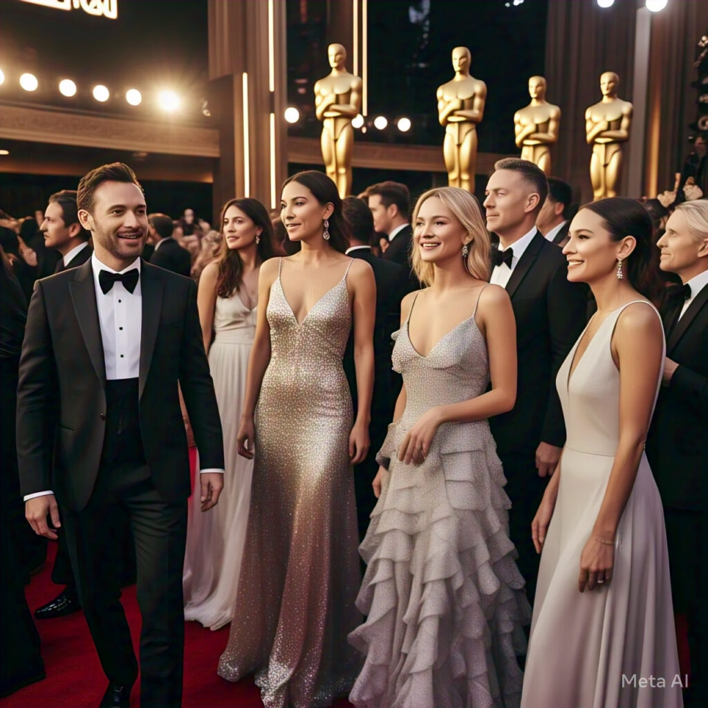 Red carpet scene at the Oscars 2025 with celebrities, paparazzi flashes, and golden Oscar statues outside the Dolby Theatre.