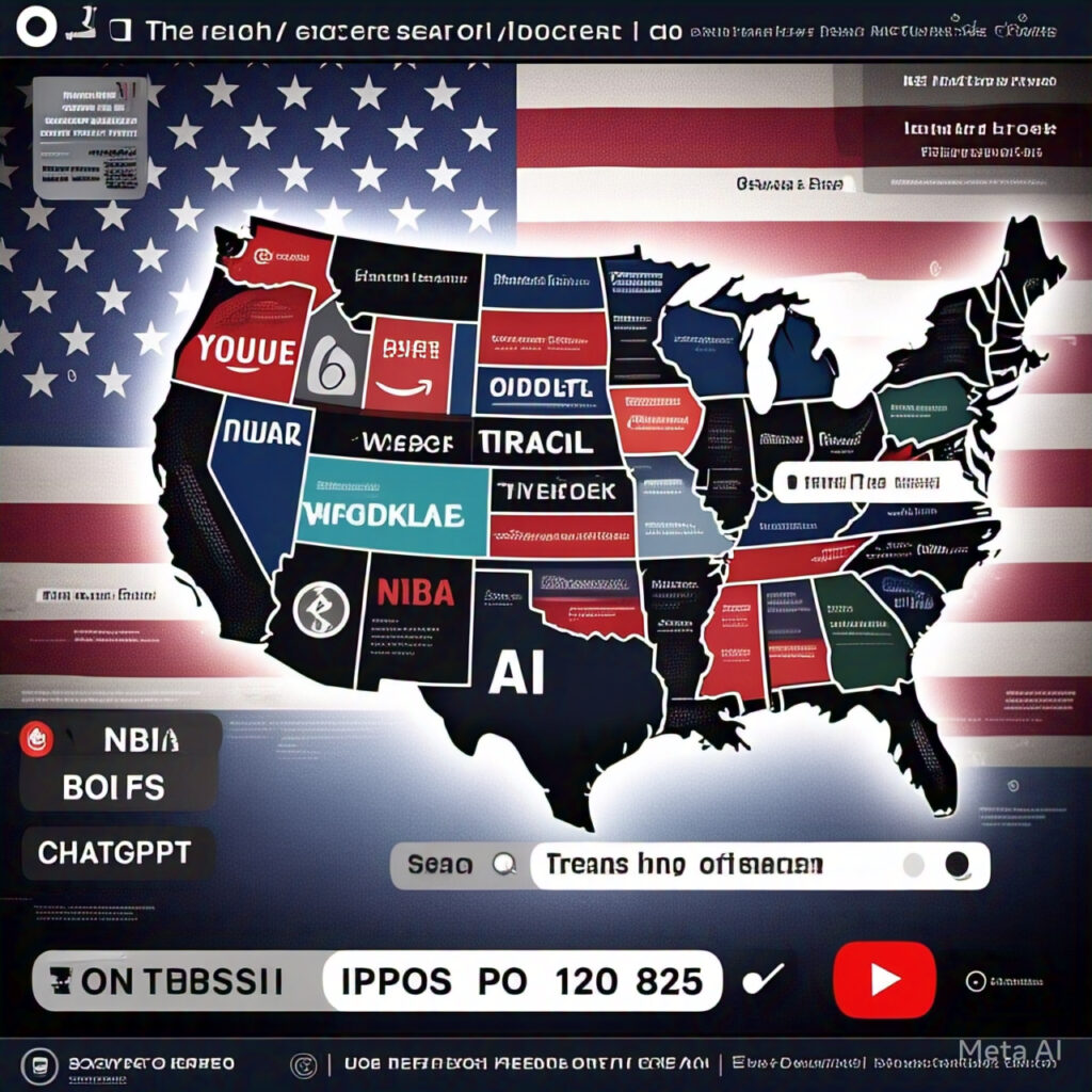 Infographic showing top Google searches in the USA for April 2025, featuring icons of YouTube, Amazon, ChatGPT, Wordle, NBA, and more, with a digital USA map in the background.