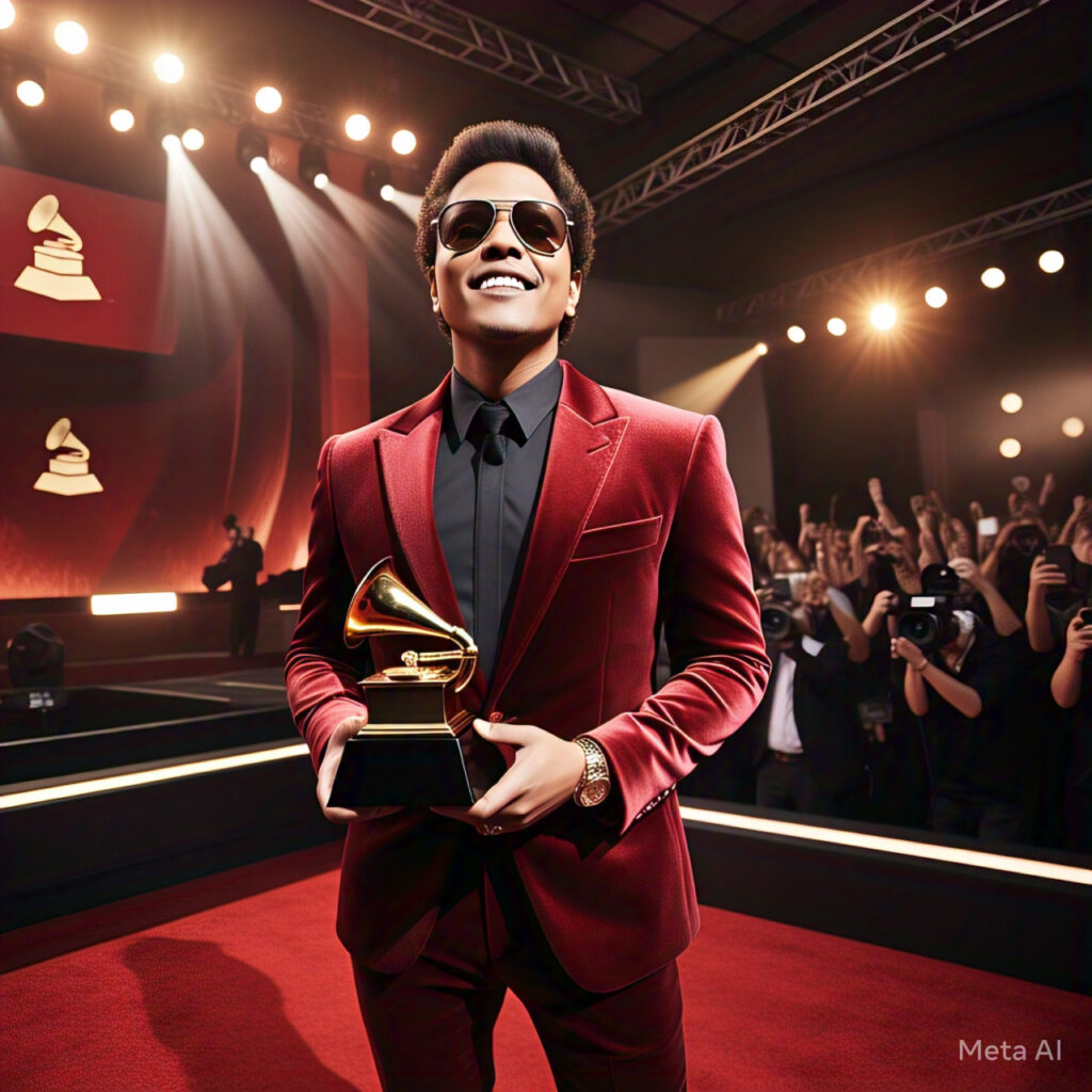 Bruno Mars performing live in 2025 with a crowd of fans cheering