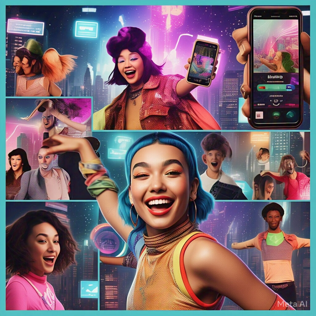 Collage of influencers and celebrities using TikTok in 2025, showing viral dance challenges, AI effects, and digital social media themes.