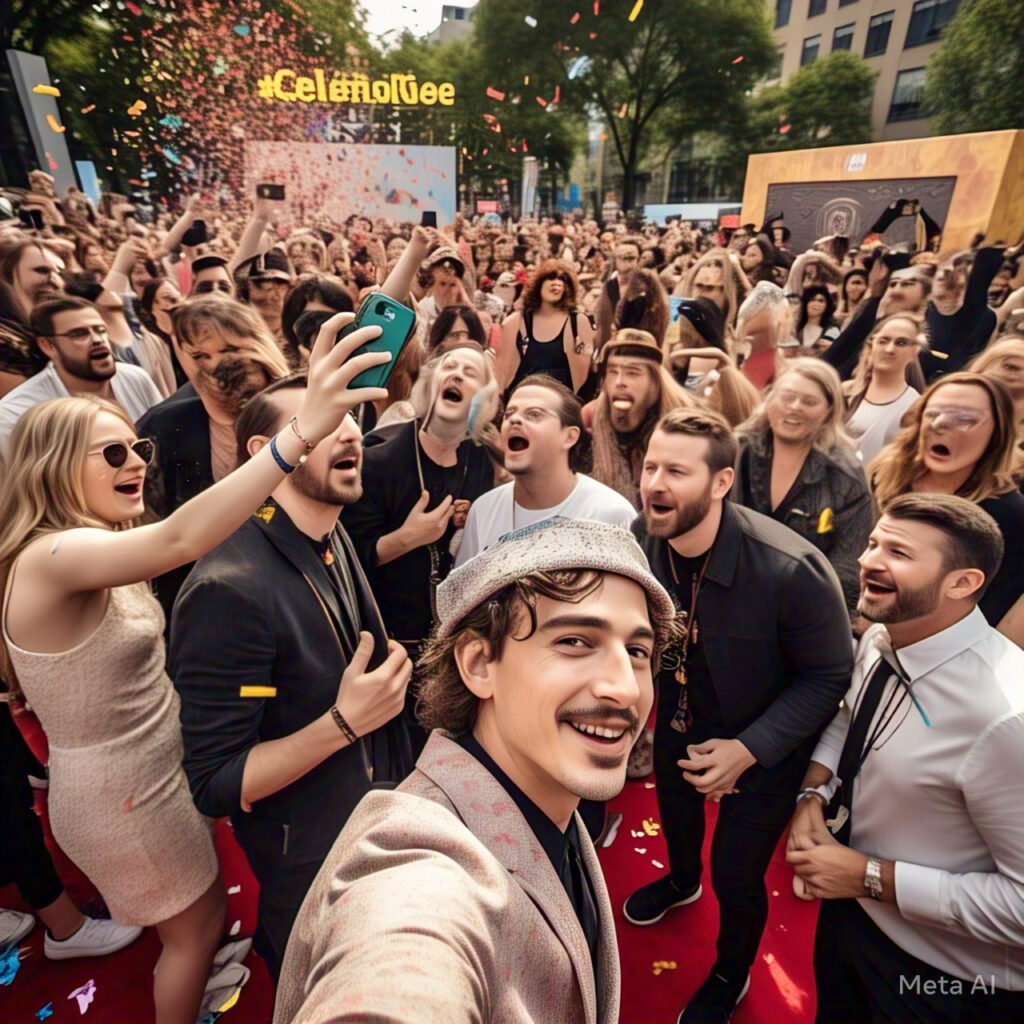 "Participants at a 2025 celebrity lookalike contest celebrating with fans and media in a city park."