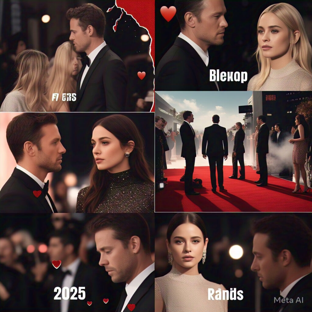 Celebrity breakups collage: dramatic Hollywood aesthetic with heartbreak symbols, paparazzi, and glamorous backdrop.
