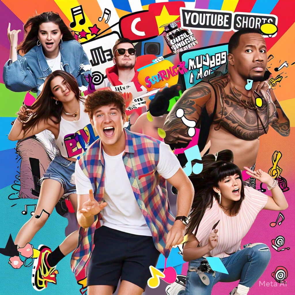 Dynamic collage of celebrities like Selena Gomez, MrBeast, Zendaya, Charli D'Amelio, and Dwayne 'The Rock' Johnson showcasing YouTube Shorts trends.