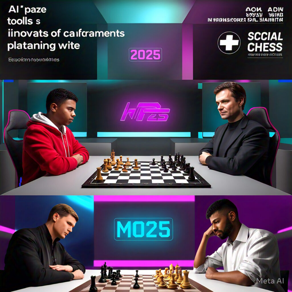 "Image depicting AI-powered tools, esports tournaments, blockchain-based gaming with NFTs, social chess programs, and top American players Hikaru Nakamura and Fabiano Caruana."
