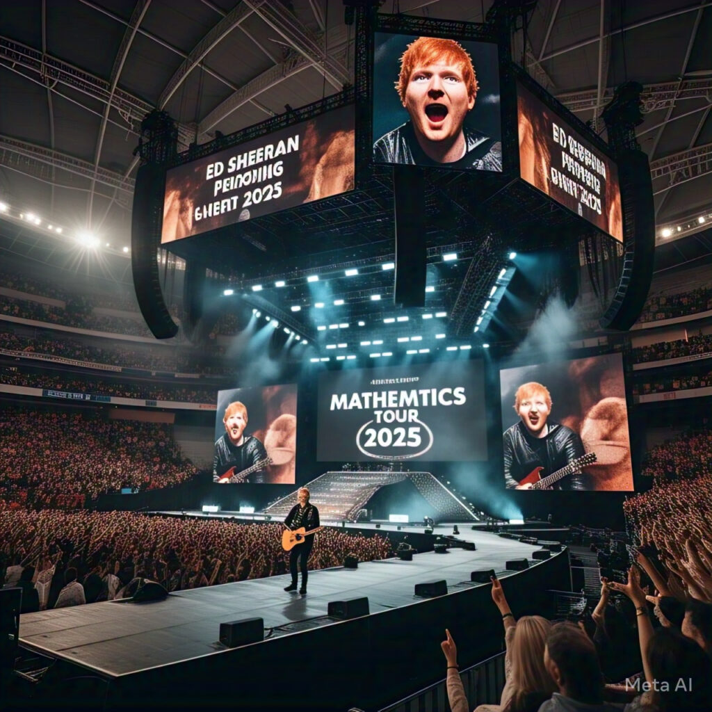 Ed Sheeran performing live during the Mathematics Tour 2025 in a European stadium at night, with fans cheering and bright stage lights.