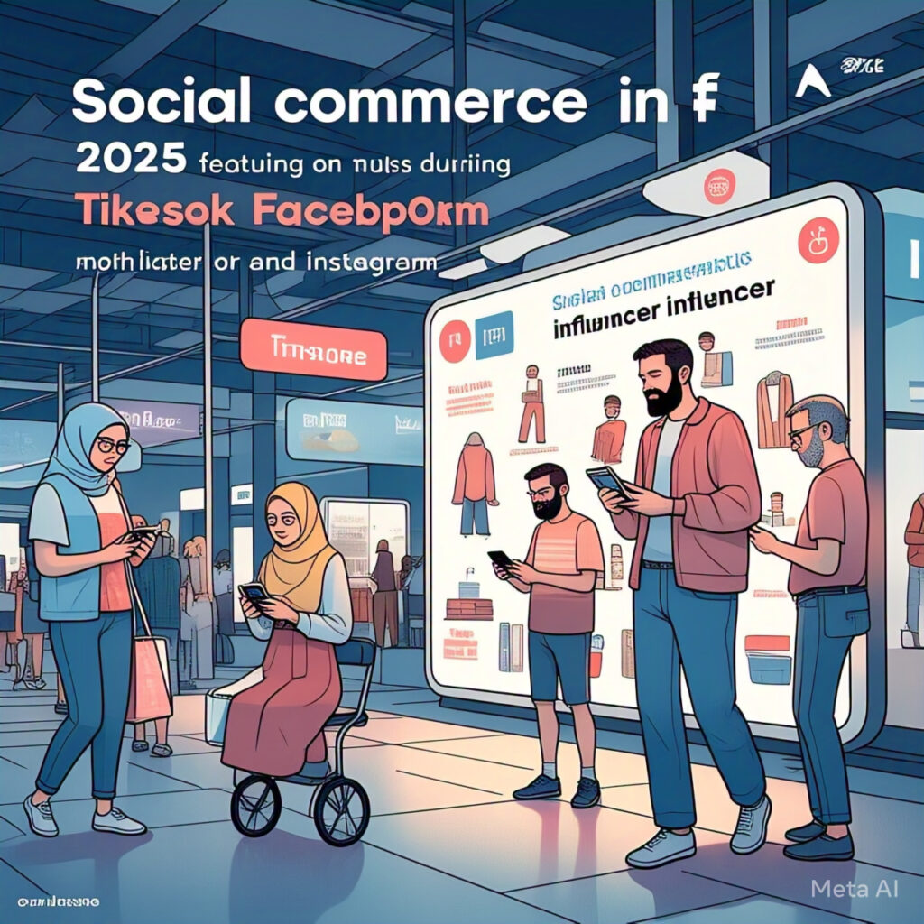 Social commerce in the USA 2025 showing trends on TikTok, Instagram, Facebook with people shopping through mobile apps