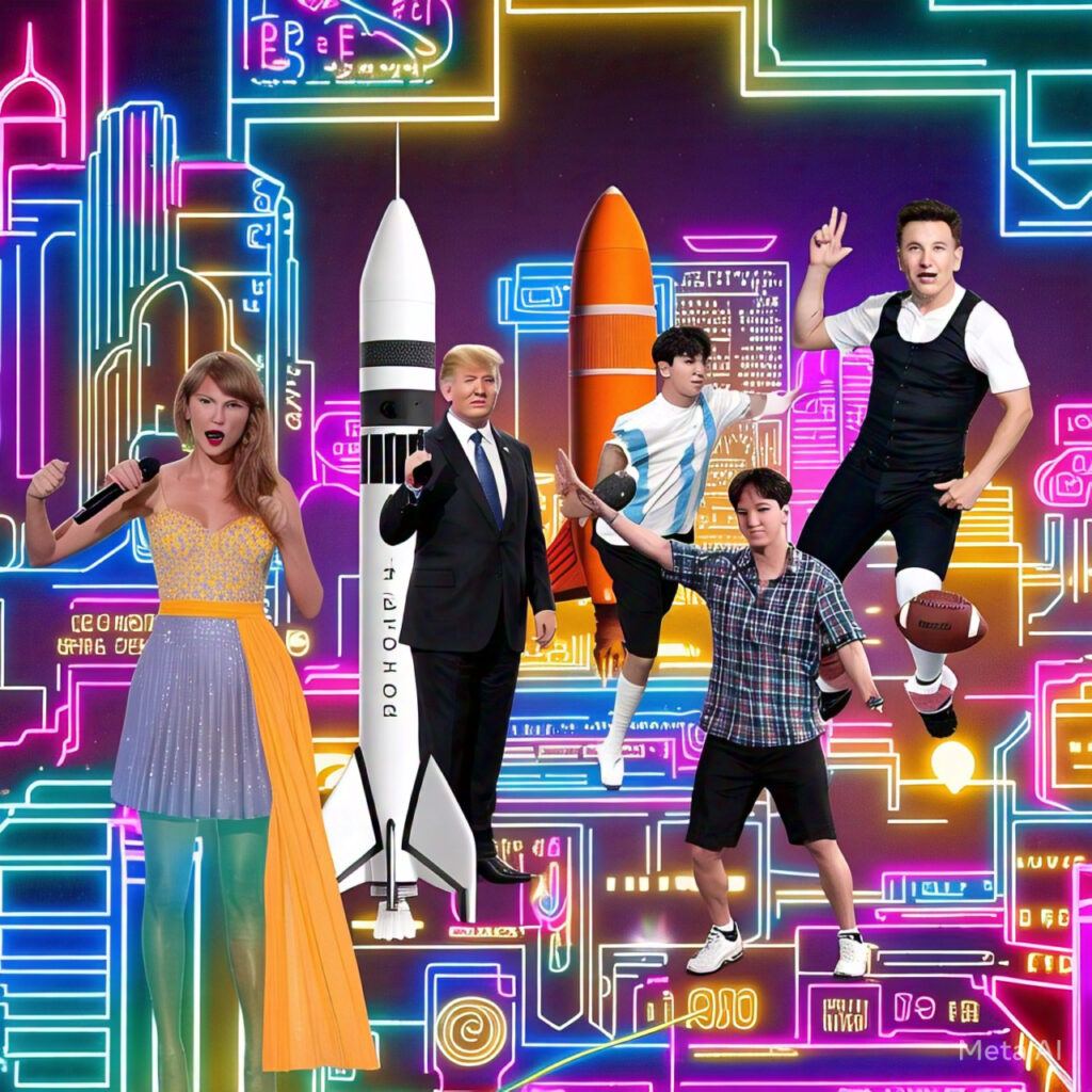 "Image featuring Taylor Swift, Elon Musk, Lionel Messi, BTS members, and Donald Trump representing their industries."
