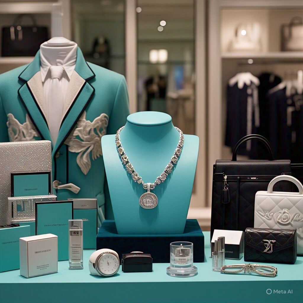 Elegant display of luxury products from Tiffany & Co., Ralph Lauren, Tom Ford, Estée Lauder, and Michael Kors-showcasing high-class fashion and accessories for women in the USA.