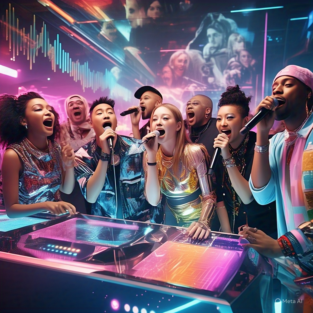 People using AI celebrity voice generator technology to sound like famous stars in a futuristic setting