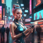 AI-generated influencer interacting with social media on a smartphone in a futuristic digital city