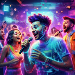 People enjoying karaoke with AI-powered vocal remover technology, colorful sound waves and music notes in a futuristic setting