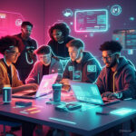 Content creators using AI tools on laptops and smartphones in a futuristic workspace