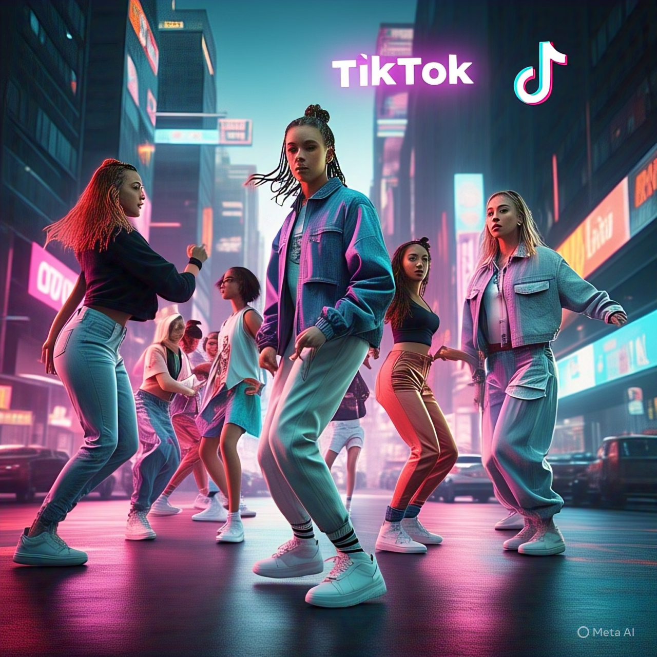 A group of diverse young TikTok influencers creating viral content in a lively city scene with digital effects and neon lights, representing 2025 pop culture trends.