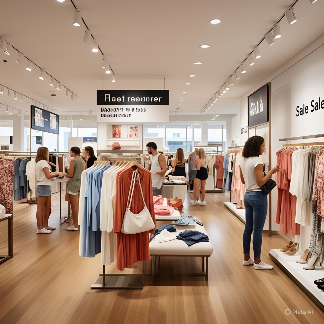 Shoppers explore a stylish American fashion store in May 2025, surrounded by sale signs, exclusive offers, and displays of new arrivals.