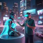 AI-generated influencer and human creator collaborating on social media content in a futuristic digital environment