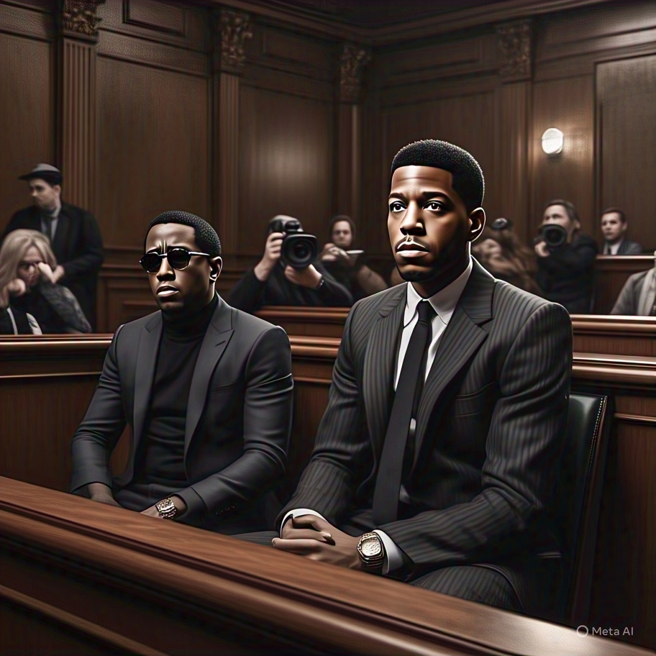 Kid Cudi testifying in a courtroom during the trial of Sean "Diddy" Combs, with reporters and Diddy visible in the background.