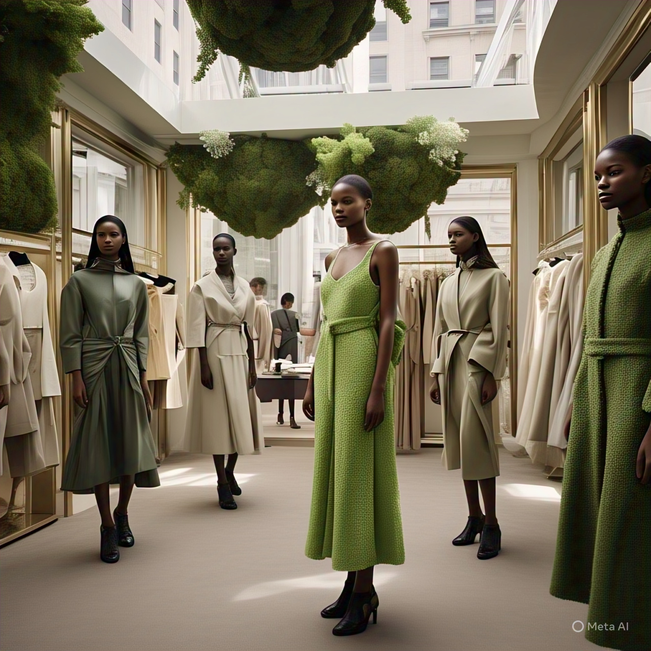 Diverse models in a luxury New York boutique wearing eco-friendly designer fashion, showcasing USA style innovation in 2025.