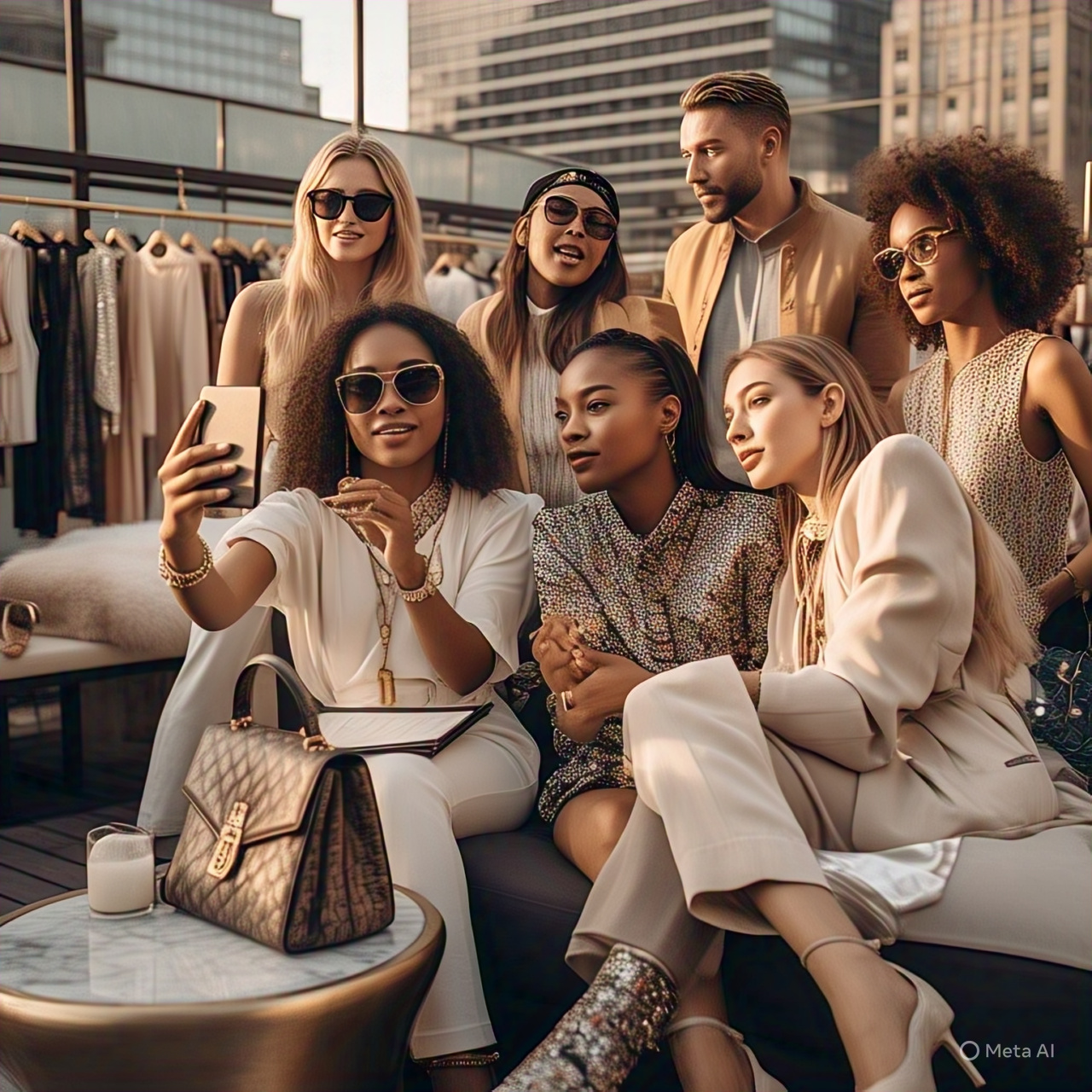 Group of diverse luxury influencers enjoying an upscale city experience, showcasing fashion, technology, and lifestyle trends in 2025.