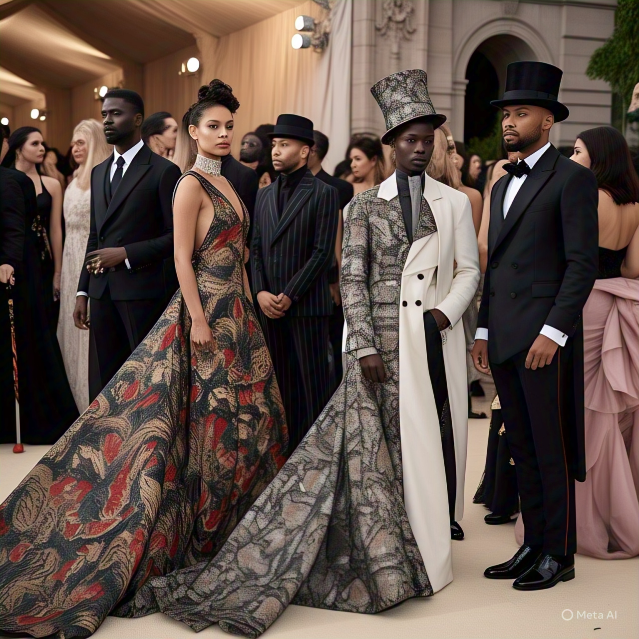 A diverse group of celebrities and fashion icons posing on the Met Gala 2025 red carpet, dressed in tailored suits, avant-garde menswear, and elegant gowns inspired by Black dandyism, at the Metropolitan Museum of Art in New York.