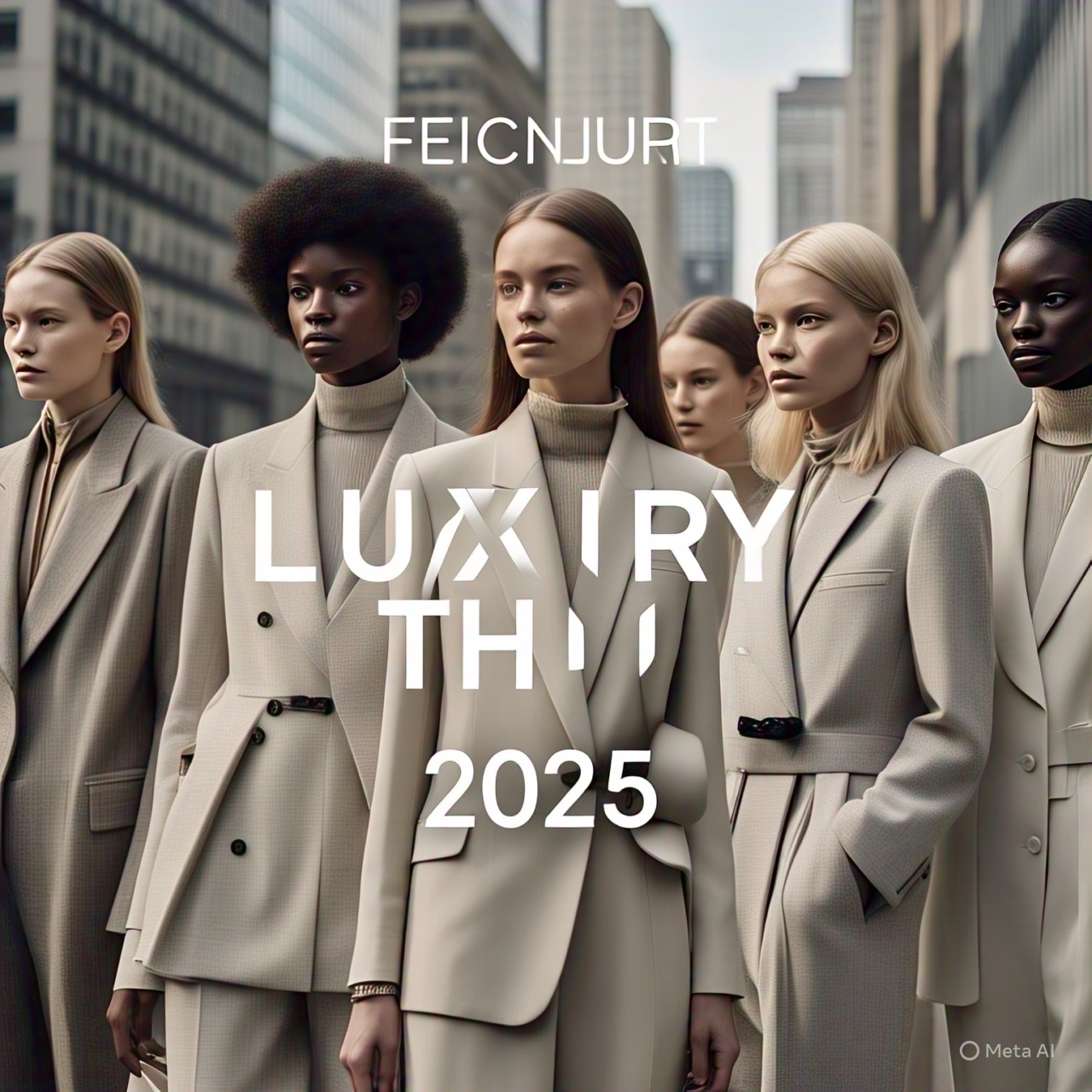 Elegant, diverse models showcase 2025 luxury fashion trends, wearing sustainable fabrics, minimalist tailored outfits, tech-infused accessories, and quiet luxury pieces in neutral tones, set in a modern cityscape