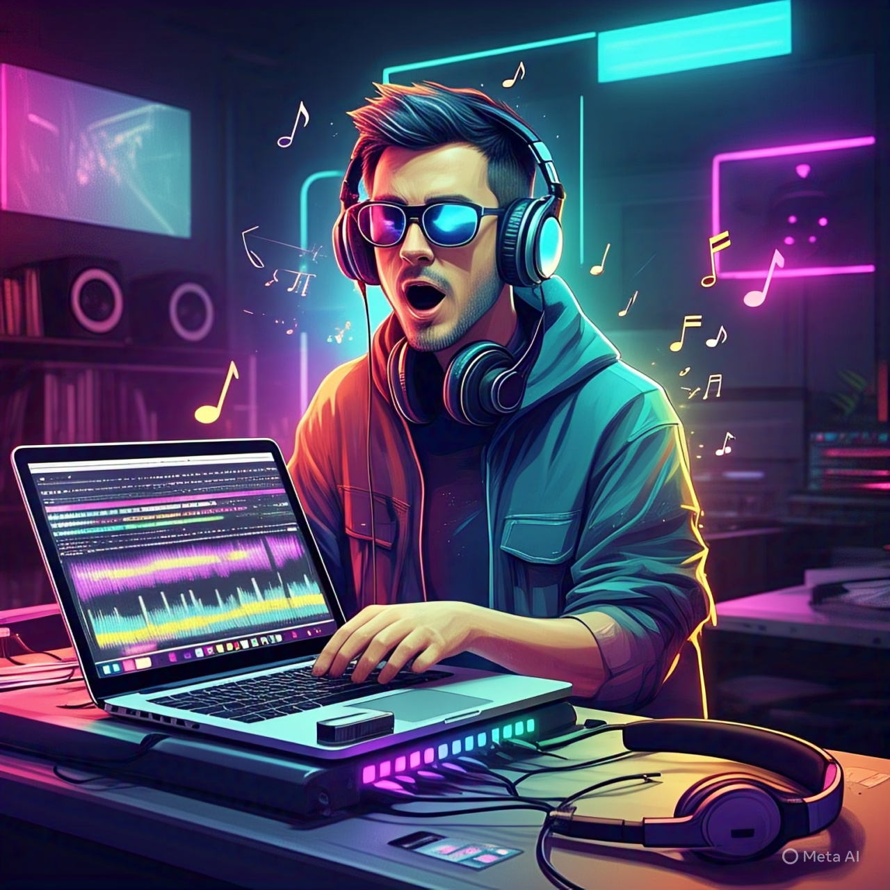 Music producer using an AI vocal remover tool on a laptop in a modern studio, with colorful audio waveforms and separated vocals and instrumentals on the screen.