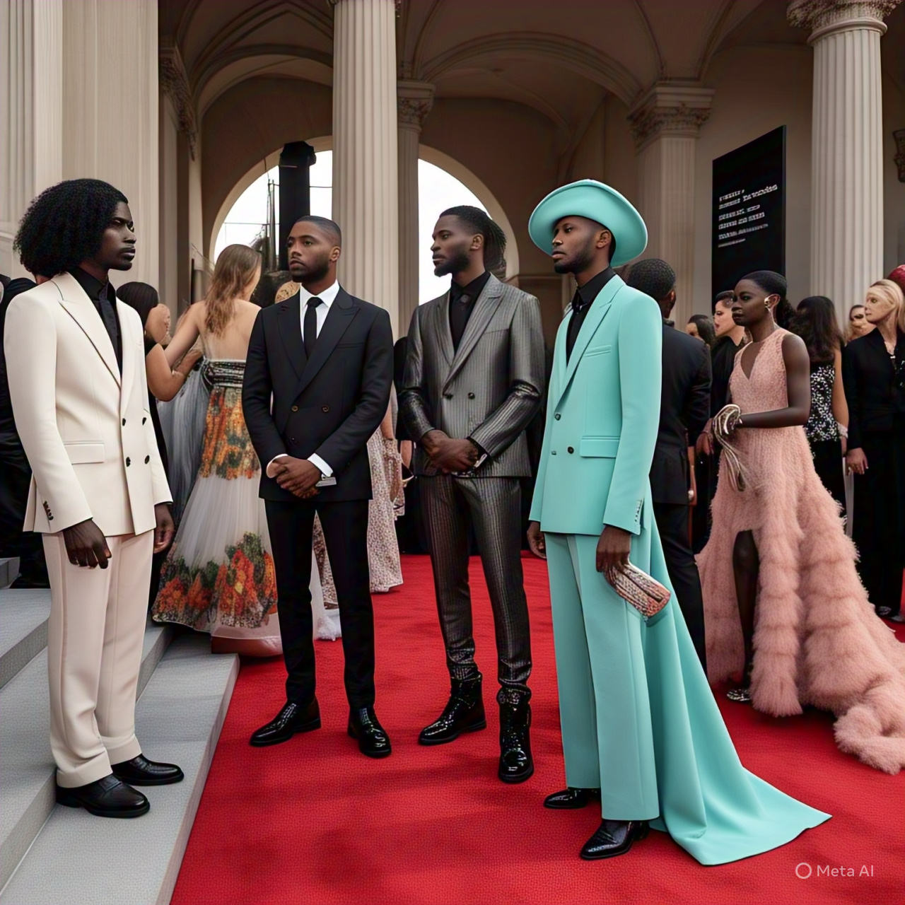 A diverse group of celebrities and fashion icons on the Met Gala 2025 red carpet, dressed in tailored suits, avant-garde menswear, and elegant gowns inspired by Black dandyism. The Metropolitan Museum of Art’s grand architecture and dramatic lighting create a vibrant, sophisticated atmosphere.