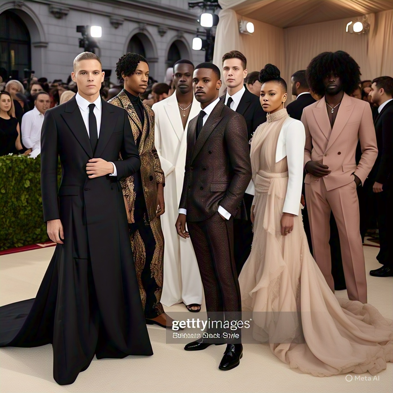A diverse group of celebrities and influencers on the red carpet at the 2025 Met Gala, dressed in tailored suits and avant-garde menswear inspired by Black dandyism, standing in front of the Metropolitan Museum of Art. The scene is vibrant and elegant, reflecting the theme “Superfine: Tailoring Black Style.”