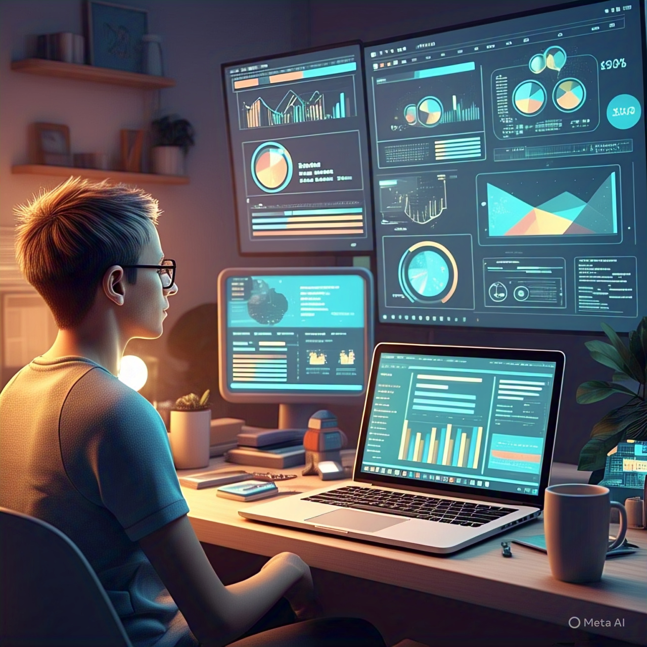 American blogger using AI-powered content creation tools on a laptop in a modern home office, with digital dashboards and WordPress icons illustrating advanced blogging technology in 2025.