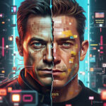 Illustration of a Hollywood celebrity’s face split between real and AI-generated features with digital and media elements