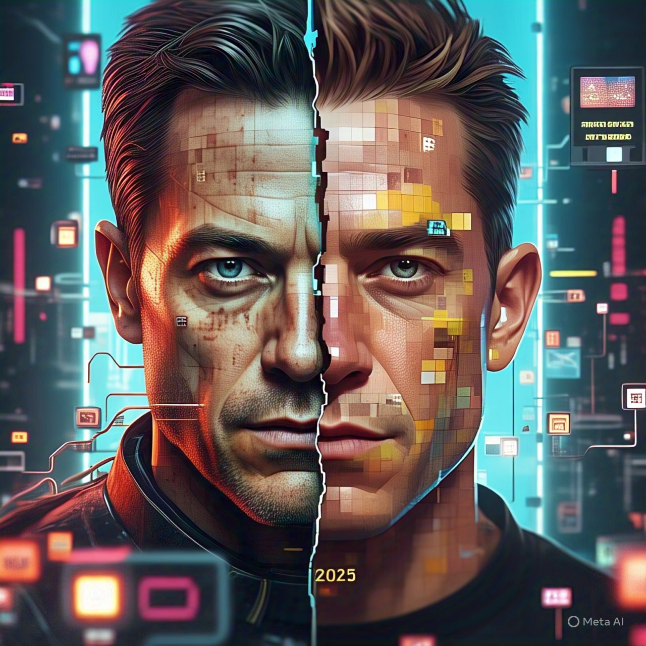 Illustration of a Hollywood celebrity’s face split between real and AI-generated features with digital and media elements