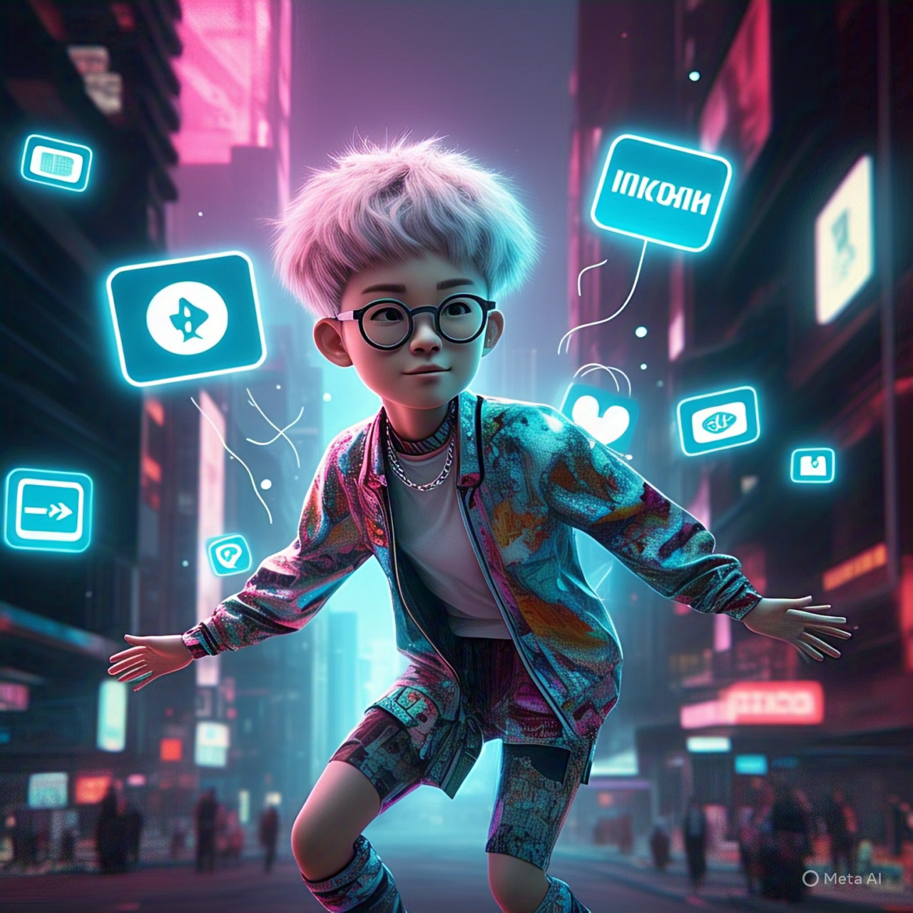 AI-generated influencer engaging with digital social media icons and a futuristic city background
