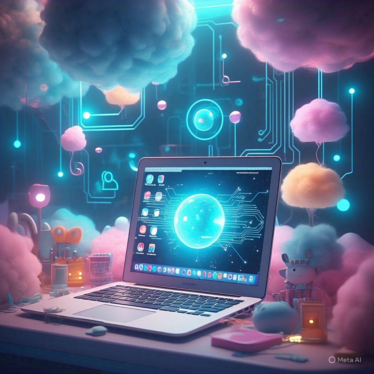 AI-Powered Social Media Content Creation: Answering Your Top Unanswered Questions Modern workspace with laptop, social media icons, and glowing AI hologram, symbolizing the fusion of technology and creativity in AI-powered social media content creation.