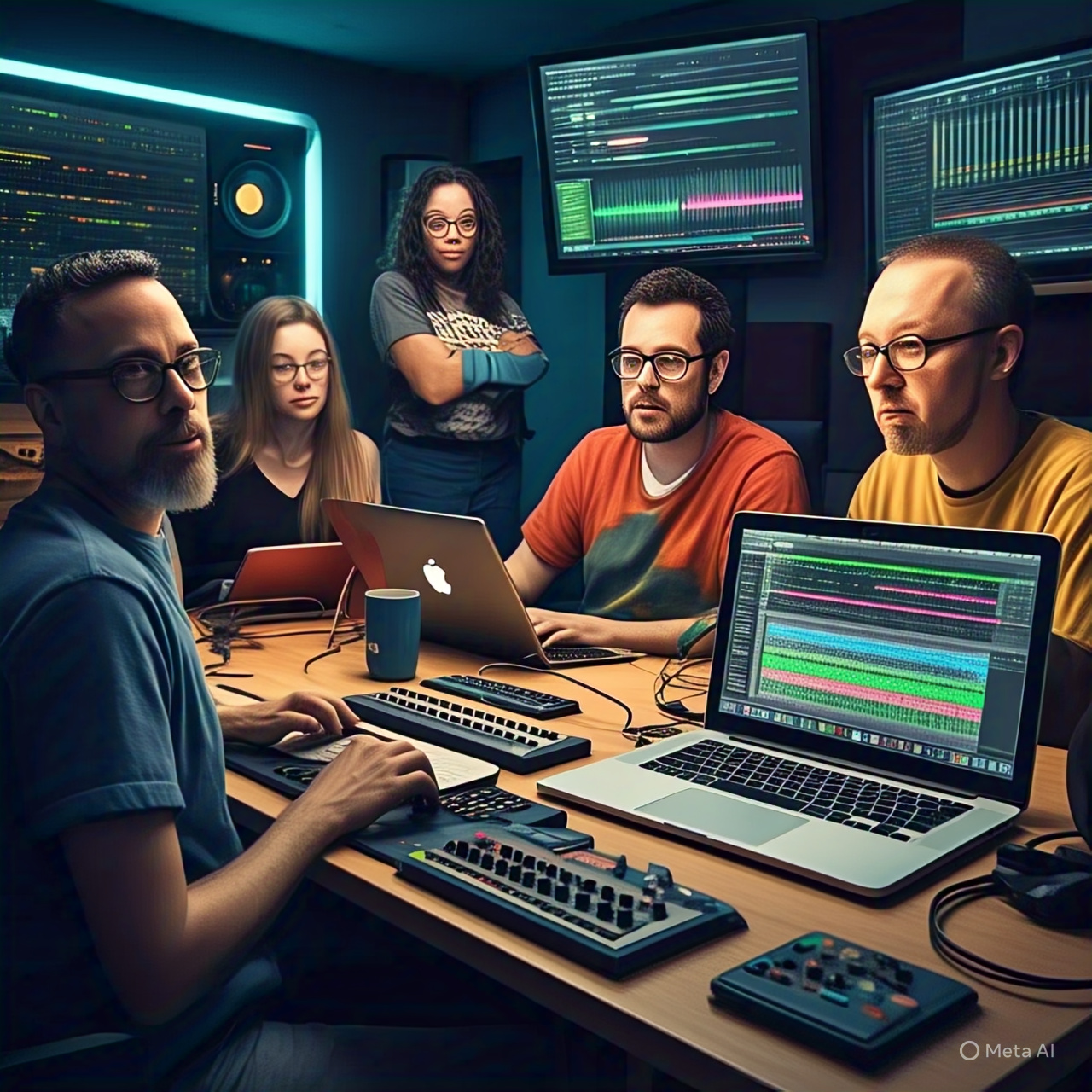 Diverse group of musicians and content creators using AI vocal remover tools on laptops and tablets, with colorful audio waveforms and digital interface graphics in the background, representing advanced music editing and remixing technology in 2025.