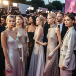 Digital illustration of top celebrities in designer outfits on the June 2025 red carpet