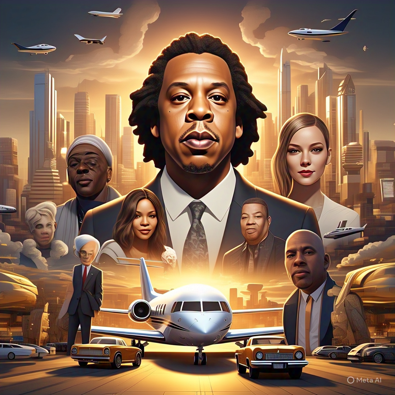Illustration of top celebrity billionaires in 2025 with luxury symbols and a modern city backdrop
