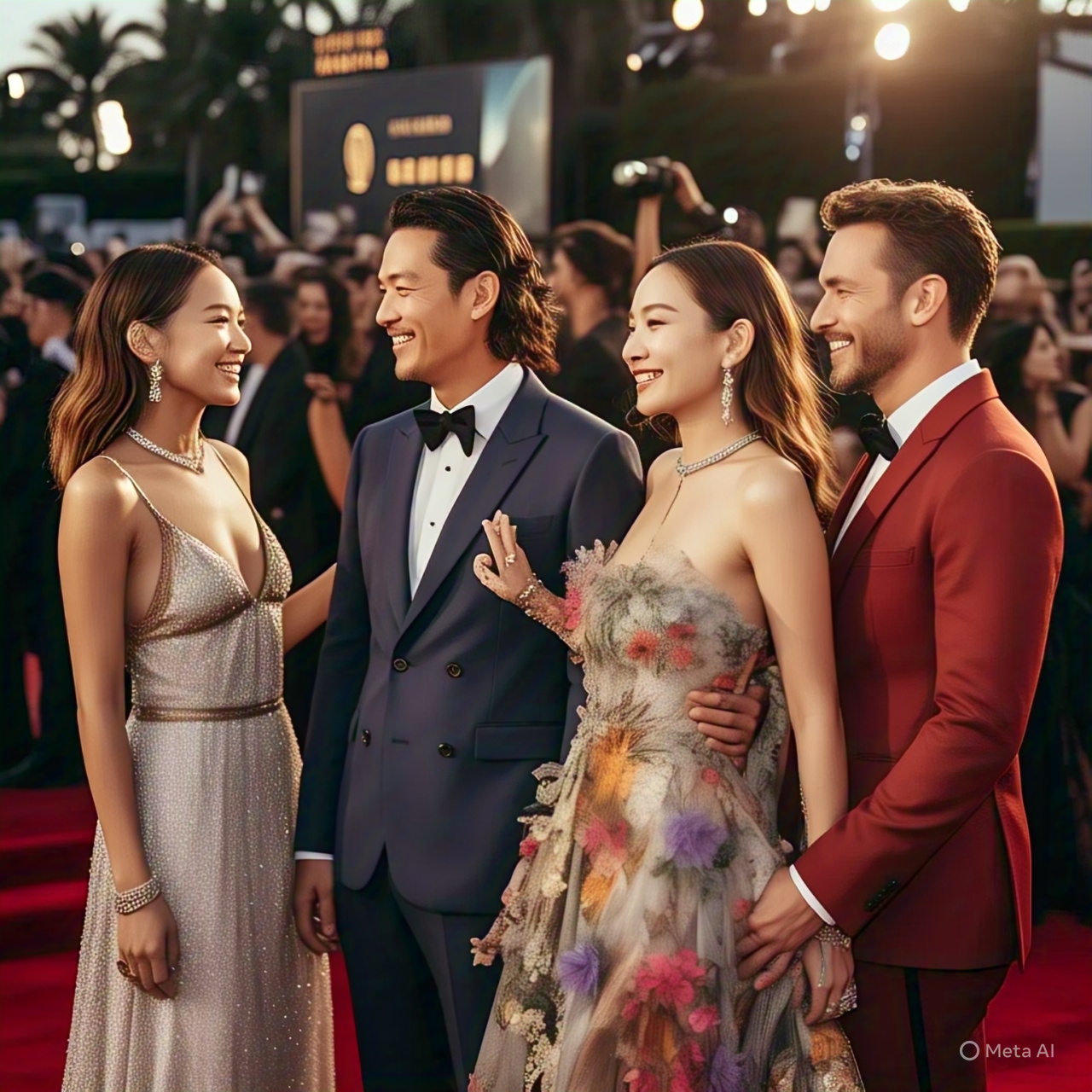 Stylish celebrity couples posing together on a red carpet in summer 2025, smiling and holding hands with paparazzi flashes and Hollywood lights in the background.