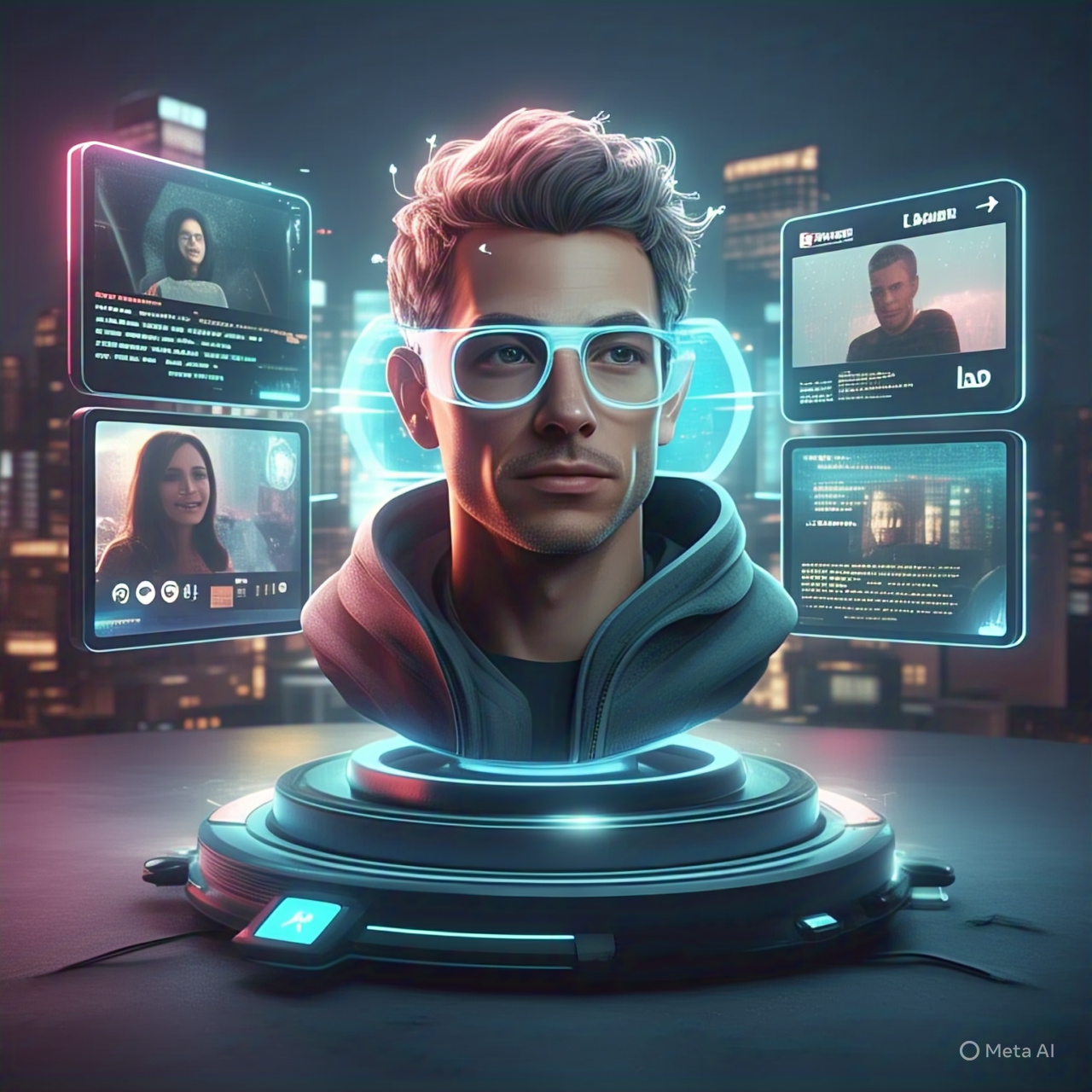 Illustration of a celebrity morphing into a virtual avatar with deepfake elements and digital city background